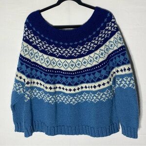 Vintage Handmade Blue White Fair Isle Knit Sweater L Cottagecore Grannycore